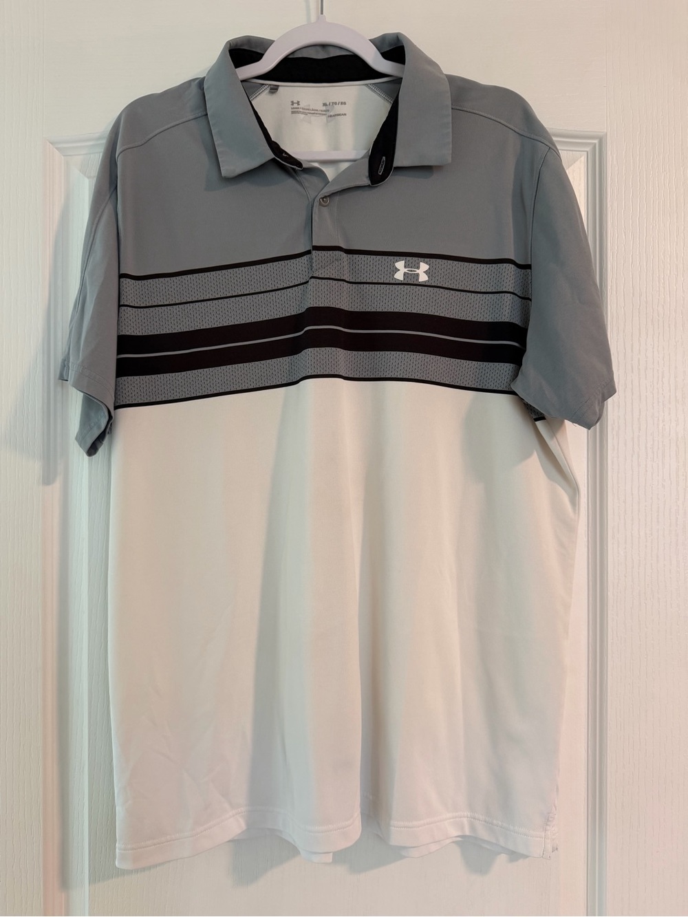 Under Armour Gray, White and Black Striped Performance Polo